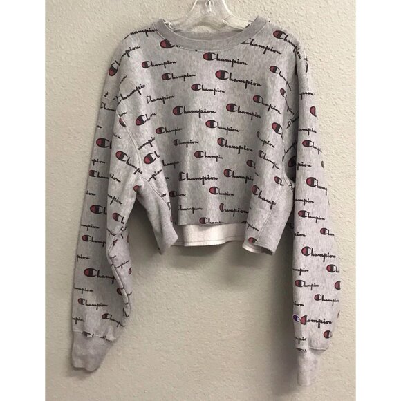 Champion Gray Reverse Weave Cropped All-Over Logo Sweatshirt Women’s 2XL - Picture 1 of 9